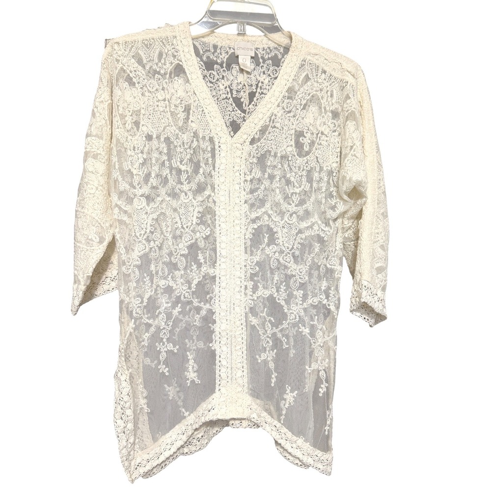 Ivory Lace Sheer Tunic Top Floral Net Crochet Trim V-Neck Small Boho Coquette